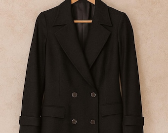 Women’s Wool Long Elegant Women’s Black Overcoat, Double-Breasted Winter Coat Christmas Gift For Her