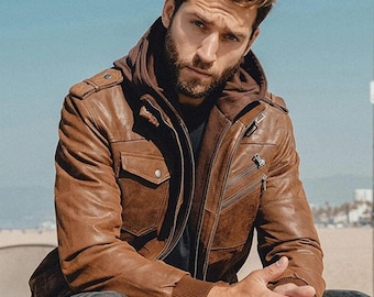 Men's Brown Leather Bomber Jacket: Vintage Motorcycle Style with Removable Hoodie
