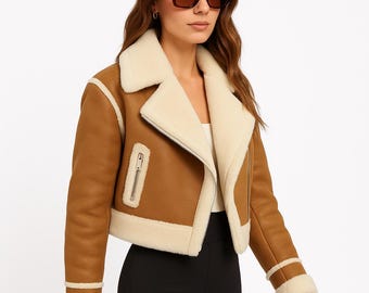 Cropped Shearling Leather Jacket: Tan Sheepskin Aviator Coat
