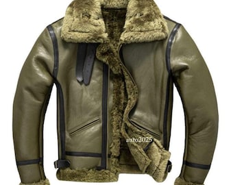 Men’s Olive Green Shearling Aviator Jacket: Handmade Sheepskin B3 Bomber