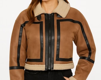 Women's Brown  Shearling Aviator Jacket: Cropped Biker Coat