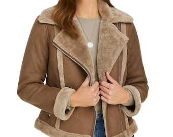 Handmade Shearling Aviator Jacket: Women's Sheepskin Leather Biker Coat