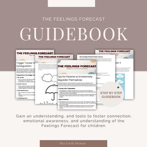 Könnte beinhalten: Ein Ratgeber mit dem Titel "The Feelings Forecast" mit dem Wort "GUIDEBOOK" in großen Buchstaben. Mehrere Seiten sind sichtbar, mit Titeln wie "Trigger Tracker for Dysregulation" und "Tips for Parents to Emotionally Regulate Themselves." Das Bild enthält den Text "STEP BY STEP GUIDEBOOK".