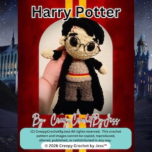 May include: A plush crochet doll of Harry Potter with black hair, a lightning bolt scar, and round black glasses. The doll wears a grey sweater with a red and yellow stripe, grey pants, and a black robe. The text Harry Potter is at the top.