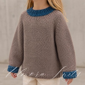 May include: A knitted sweater in a neutral brown colour with blue accents on the collar and cuffs. The sweater has a classic crew neck and long sleeves. The overall style is simple and cosy, suitable for children's wear.