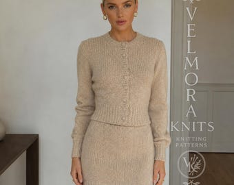 Fitted Cardigan & Mini Skirt Knitting Pattern, High Waist Two Piece Outfit, Mohair DK Set