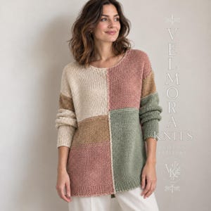May include: A long-sleeved color-blocked sweater featuring a round neckline and a textured knit pattern. The garment displays panels of cream, dusty rose, sage green, and tan. Text on the right reads VELMORA KNITS KNITTING PATTERNS.