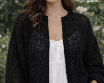 Patrón de tejido para cárdigan de mohair, cárdigan corto de malla, suéter de manga abullonada, tejido ligero y vaporoso.