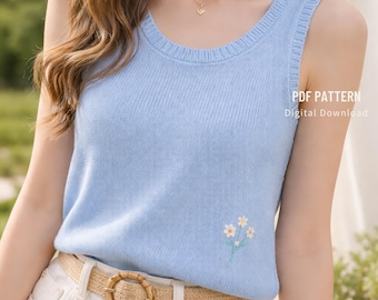 Knit Tank Top Pattern with Daisy Embroidery Bundle, Summer Sleeveless Blouse PDF, Beginner Friendly