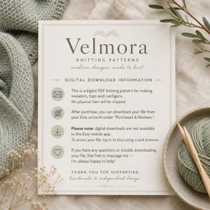 May include: A white informational card with the text Velmora Knitting Patterns, detailing digital download instructions for PDF knitting patterns for sweaters, tops, and cardigans, including icons for email, yarn, download, and a heart symbol.