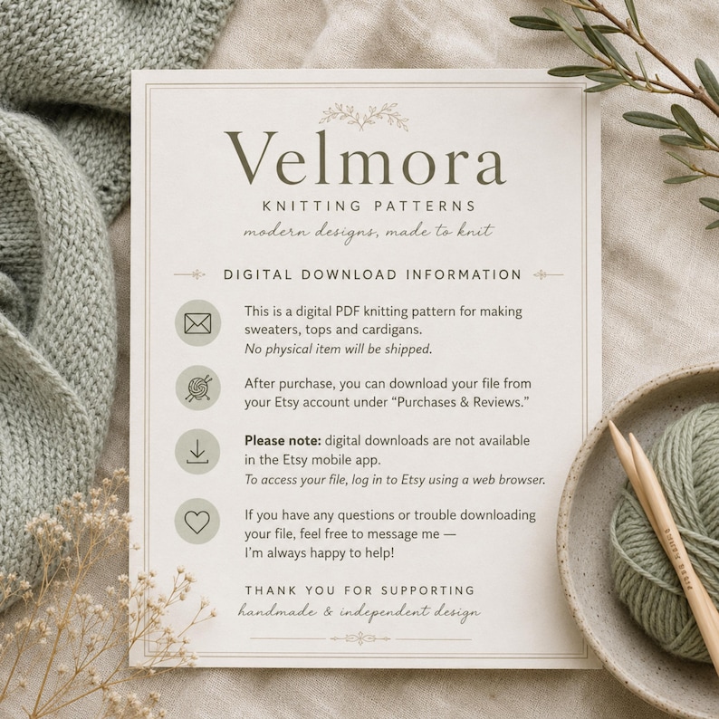May include: A white informational card with the text Velmora Knitting Patterns, detailing digital download instructions for PDF knitting patterns for sweaters, tops, and cardigans, including icons for email, yarn, download, and a heart symbol.