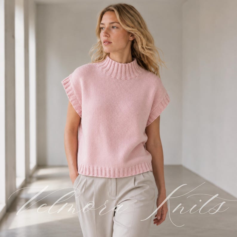 Puede incluir: Un su&eacute;ter sin mangas de color rosa claro con cuello alto acanalado, bordes de sisa acanalados y dobladillo acanalado. La prenda de punto tiene un cuerpo de punto liso y un corte relajado, combinado con pantalones de color gris claro.