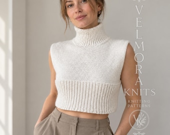 Cropped Turtleneck Knitting Pattern, Sleeveless Ribbed Sweater Vest, High Neck Knit Top PDF