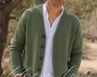 Mens Cardigan Knitting Pattern, Raglan V Neck Sweater, Classic Button Front Knit Jacket PDF