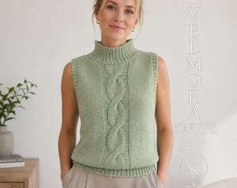 Cable Vest Knitting Pattern, Sleeveless Funnel Neck Top, Aran Layering Pullover, Modern Women's Design