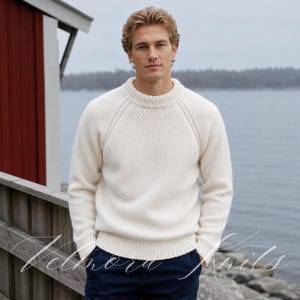 Peut inclure: Un pull en tricot à manches longues de couleur crème doté d'un col rond épais côtelé, de poignets côtelés et d'un ourlet côtelé. Le vêtement présente des manches raglan avec des coutures verticales visibles allant du col aux aisselles.