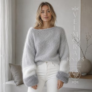 Mohair Sweater Knitting Pattern PDF, Balloon Sleeve Boat Neck Pullover, Oversized Women