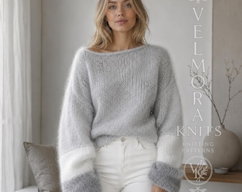 Mohair Sweater Knitting Pattern PDF, Balloon Sleeve Boat Neck Pullover, Oversized Women
