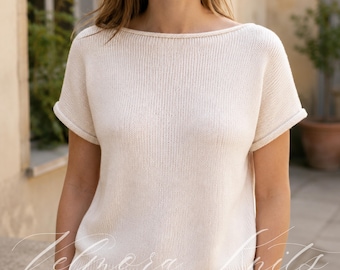 Patrón de punto para camiseta The Linen Hour / Top minimalista con escote barco / Jersey de verano de manga corta