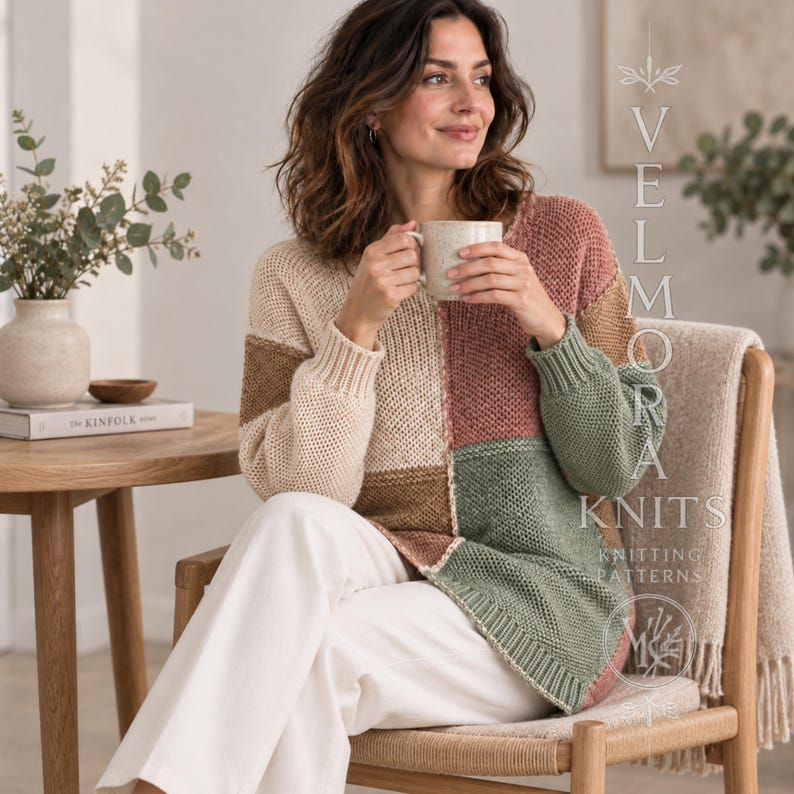 May include: A long-sleeve colour-blocked knit jumper featuring a patchwork design in shades of cream, brown, dusty rose, and sage green. The jumper has a ribbed crew neckline and ribbed cuffs. Text on the right reads VELMORA KNITS.