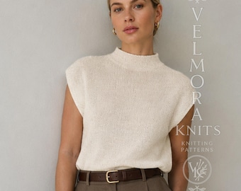 Easy Sleeveless Mock Neck Knitting Pattern, Cream Cap Shoulder Summer Top PDF, Lightweight Vest
