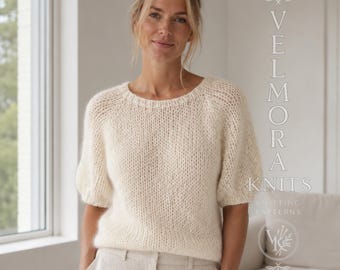 Puff Sleeve Sweater Knitting Pattern, Mohair Raglan Pullover, Short Sleeve Summer Knit Top