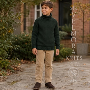 May include: A dark green long-sleeve turtleneck sweater with a ribbed knit texture, paired with tan trousers and brown shoes. The text VELMORA KNITS KNITTING PATTERNS is visible on the right side of the image along with a circular logo.