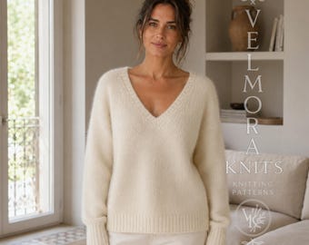 Elegant V-Neck Sweater Knitting Pattern, Fuzzy Mohair Pullover, Relaxed Drop-Shoulder Women's Jumper