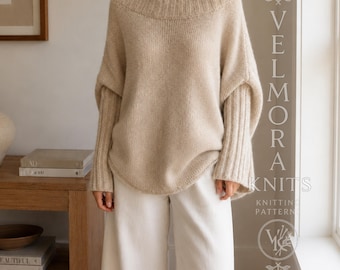 Off Shoulder Dolman Sweater Knitting Pattern, Oversized Batwing Pullover, Rib Sleeve Women's Aran PDF