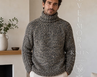 Men’s Raglan Turtleneck Knitting Pattern, Seamless Top Down Pullover, Marled Bulky Winter Sweater PDF