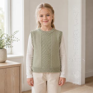 May include: A sage green knitted sweater vest featuring a textured central panel with a moss stitch pattern, flanked by smooth stockinette side panels, a ribbed crew neckline, and ribbed armholes. The text VELMORA KNITS is visible on the right.