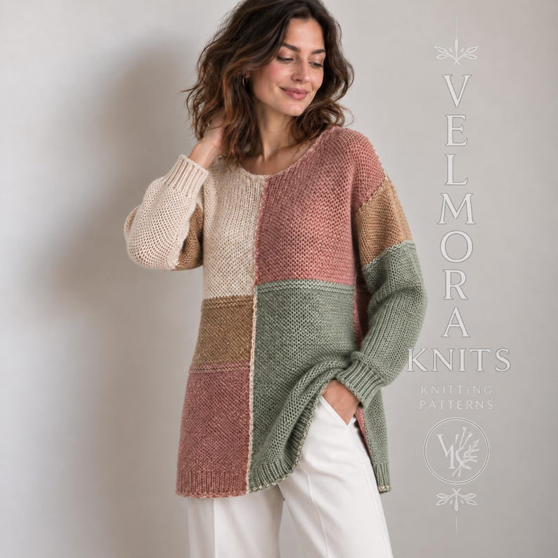 May include: A long-sleeved colour-blocked jumper featuring a patchwork design in cream, dusty rose, tan, and sage green. The knit garment has a round neckline and ribbed cuffs. Text on the right reads VELMORA KNITS KNITTING PATTERNS.