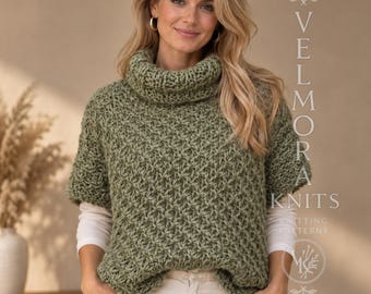 Cowl Neck Sweater Knitting Pattern, Textured Chunky Pullover, Short Sleeve Oversized Knit PDF