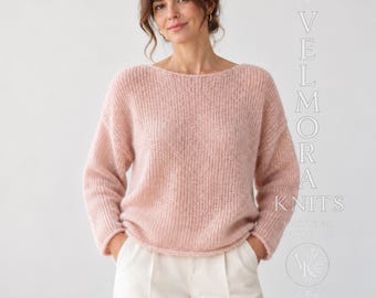 Boat Neck Pullover Knitting Pattern, Airy Mohair Sweater, Drop Shoulder Women's Knit Pattern