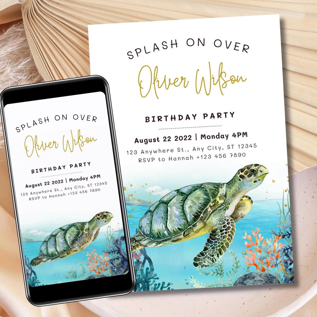 Watercolor Sea Turtle Birthday Invitation Template, Ocean Party Invite ...