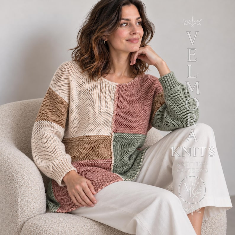 May include: A long-sleeved, colour-blocked knit jumper featuring panels of cream, tan, dusty rose, and sage green. The garment has a round neckline and ribbed cuffs. Text on the right side reads VELMORA KNITS with a circular logo below.