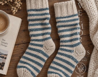 Striped Slouch Socks Knitting Pattern, Cozy Winter Boot Design, Adult Worsted Yarn, Seamless PDF