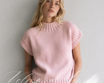 Oversized Mock Neck Shell Knitting Pattern, Sleeveless Sweater Vest PDF, Modern Cap Sleeve Top