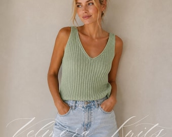 Ribbed V Neck Tank Knitting Pattern, Summer Knit Top PDF, Sleeveless Cotton Linen Camisole