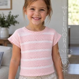 Pastel Stripe Tee Knitting Pattern for Girls, Easy Summer Top, Lightweight Child Sweater, DK