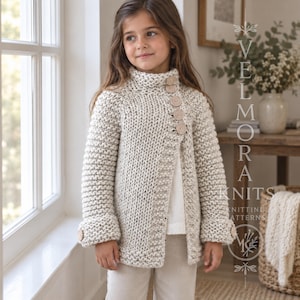 Peut inclure: Un cardigan en tricot épais de couleur crème mouchetée avec un col montant, des manches longues à revers et une patte de boutonnage latérale fixée par quatre gros boutons en bois ronds. Le texte VELMORA KNITS KNITTING PATTERNS est visible.