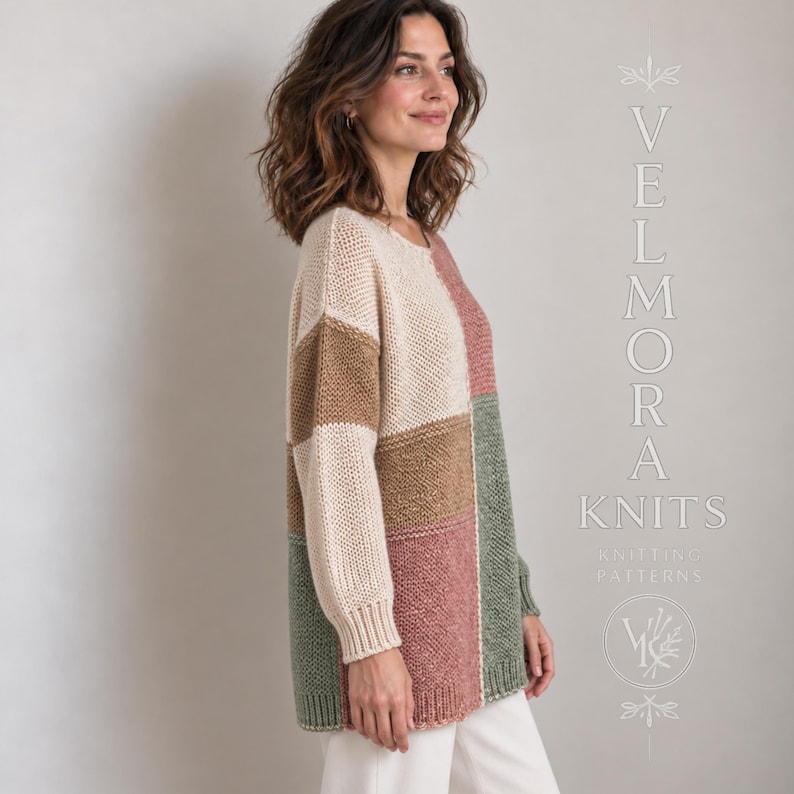 May include: A long-sleeved colour-blocked jumper featuring a textured knit pattern in cream, tan, dusty rose, and sage green. The garment has a crew neckline and ribbed cuffs. The text VELMORA KNITS KNITTING PATTERNS is visible on the right side.