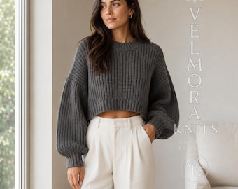 Cropped Fisherman Rib Sweater Knitting Pattern, Drop Shoulder Pullover, Balloon Sleeve Aran PDF Download
