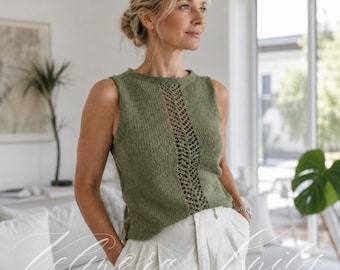Fern Lace Knit Top Pattern, Sleeveless Summer Shell Knitting Pattern, Cotton Tank PDF