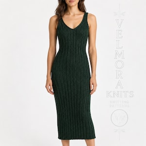 May include: A dark forest green sleeveless midi dress featuring a vertical ribbed knit texture, a V-neckline, and a fitted silhouette. The image includes the text VELMORA KNITS KNITTING PATTERNS and a circular logo with the letters VK.