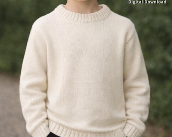 Patrón de tejido de suéter para niños, jersey de punto para principiantes, suéter minimalista para niños, cuello redondo con hombros caídos,