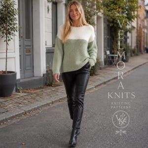 Wzór na sweter damski w bloki kolorów, sweter z obniżonymi ramionami, teksturowany okrągły dekolt, rozmiary XS–3XL