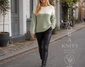 Women’s Colorblock Sweater Knitting Pattern, Drop Shoulder Pullover, Textured Crewneck, Sizes XS–3XL