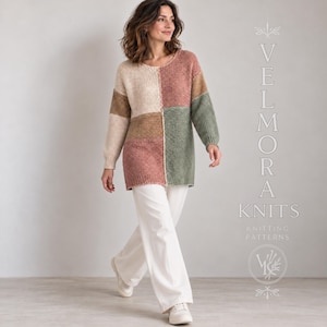 May include: A long-sleeve colour-blocked jumper featuring panels of cream, dusty rose, tan, and sage green. The knit garment has a round neckline and a relaxed fit. Text on the right reads VELMORA KNITS KNITTING PATTERNS with a logo.