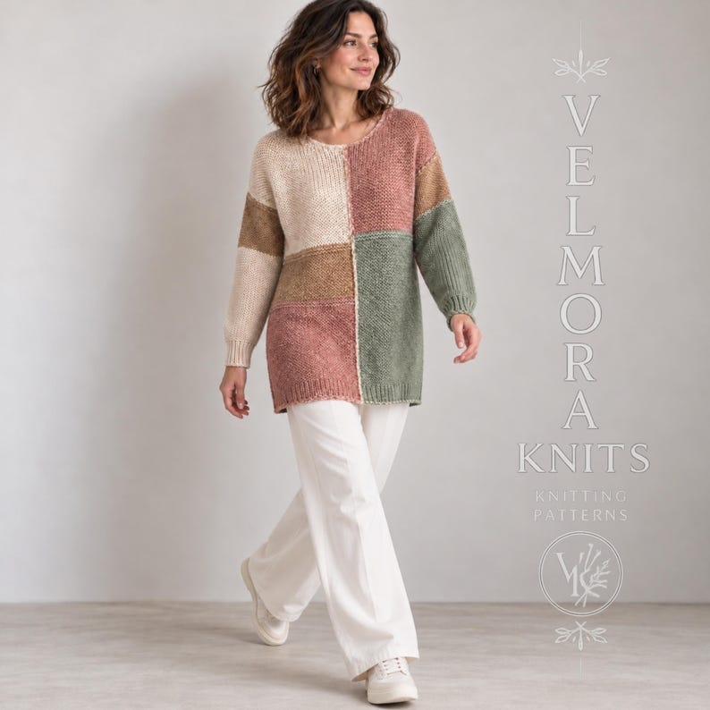 May include: A long-sleeve colour-blocked jumper featuring panels of cream, dusty rose, tan, and sage green. The knit garment has a round neckline and a relaxed fit. Text on the right reads VELMORA KNITS KNITTING PATTERNS with a logo.